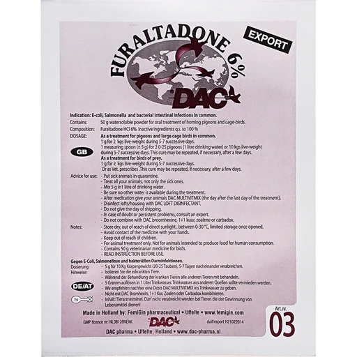 Dac Furaltadone 6% לטיפול ב סלמונלה, E-Coli עבור מירוץ יונים וציפורים