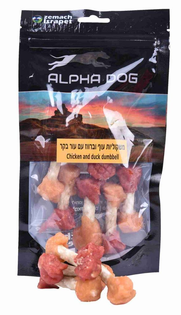 אלפה דוג חטיף משקליות עוף וברווז עם עור בקר Alpha Dog Chicken and Duck Dumbbell